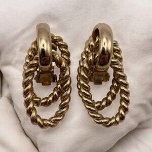 BERGERE Vintage Door Knocker Gold Tone Swirl Drop Clip On‎ Double Hoop Earrings